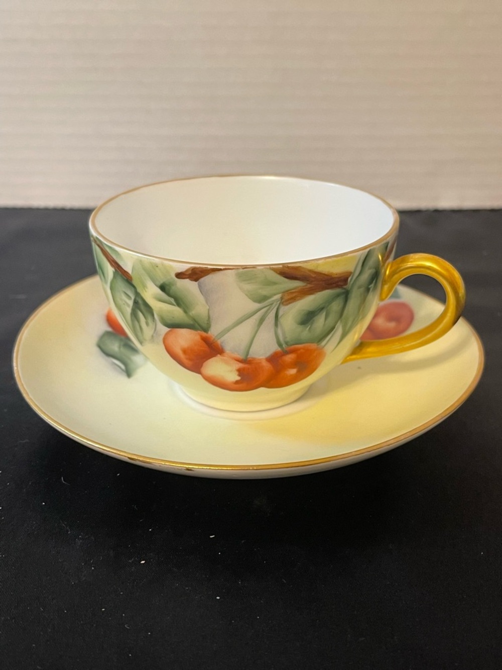 Delicious Hand-Painted Cherry Cup & Saucer in Yellow and Orange